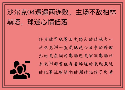 沙尔克04遭遇两连败，主场不敌柏林赫塔，球迷心情低落